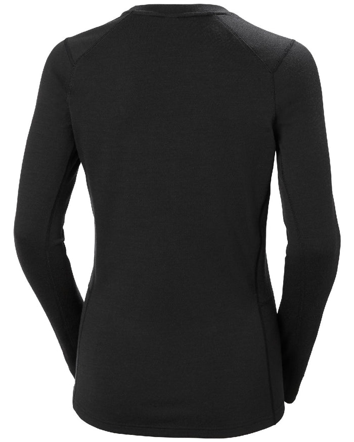 Black Coloured Helly Hansen Womens Lifa Merino Midweight Crew Base Layer on white background #colour_black