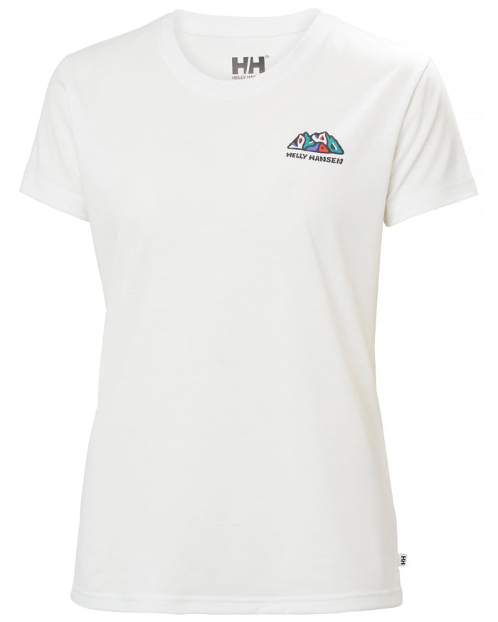 White coloured Helly Hansen Womens Skog Recycled Graphic T-Shirt on white background #colour_white