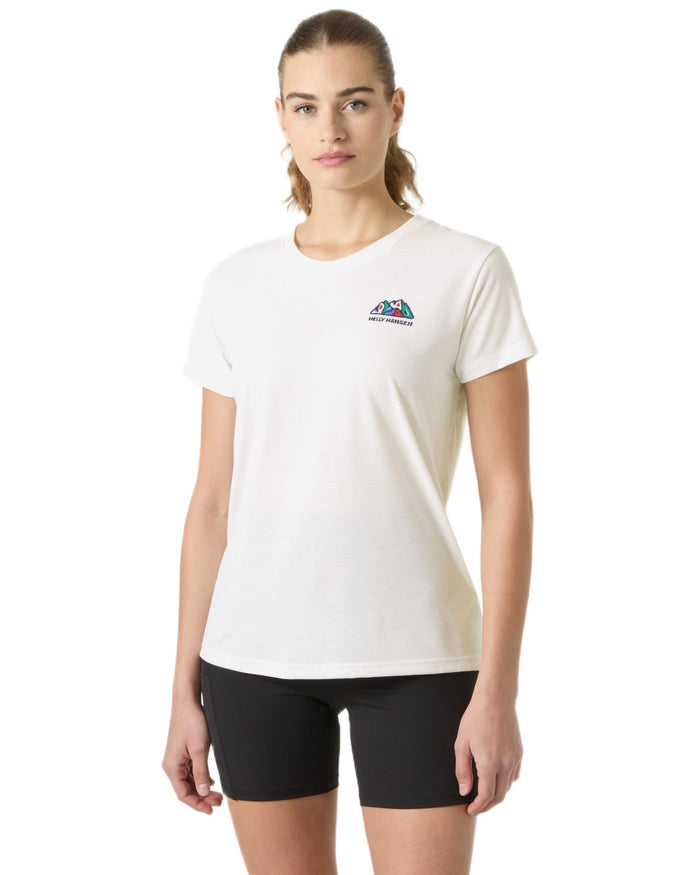 White coloured Helly Hansen Womens Skog Recycled Graphic T-Shirt on white background #colour_white