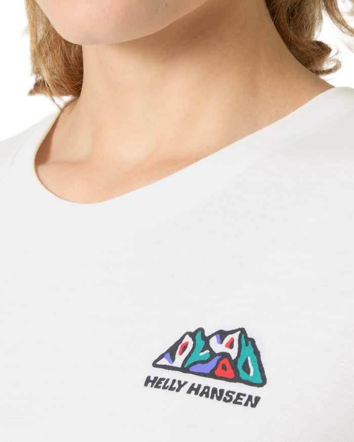 White coloured Helly Hansen Womens Skog Recycled Graphic T-Shirt on white background #colour_white