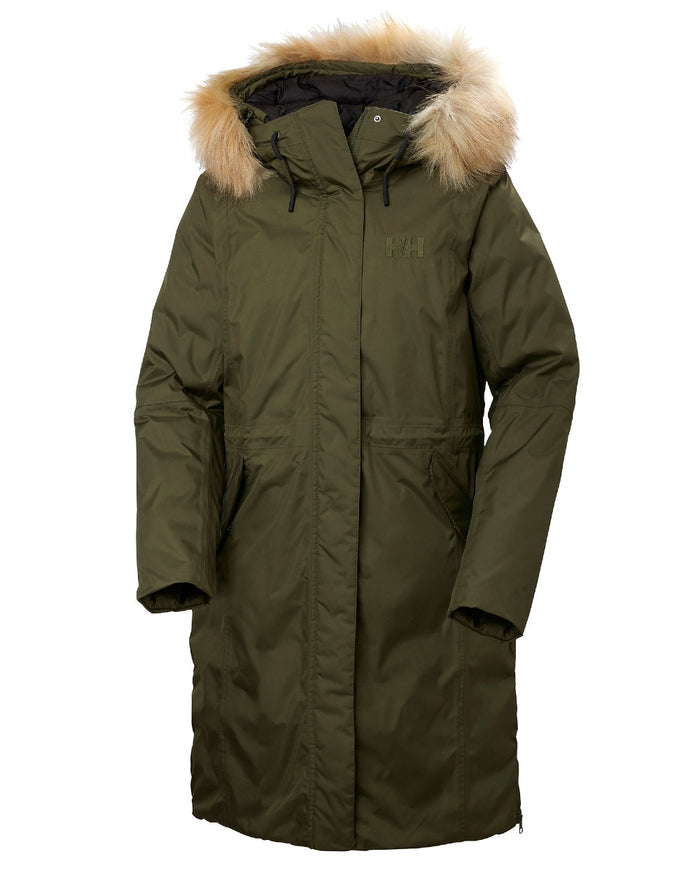 Utility Green Coloured Helly Hansen Womens Vega Parka on white background #colour_utility-green