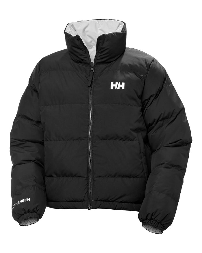 Black Coloured Helly Hansen Womens YU 23 Reversible Puffer Jacket on white background #colour_black