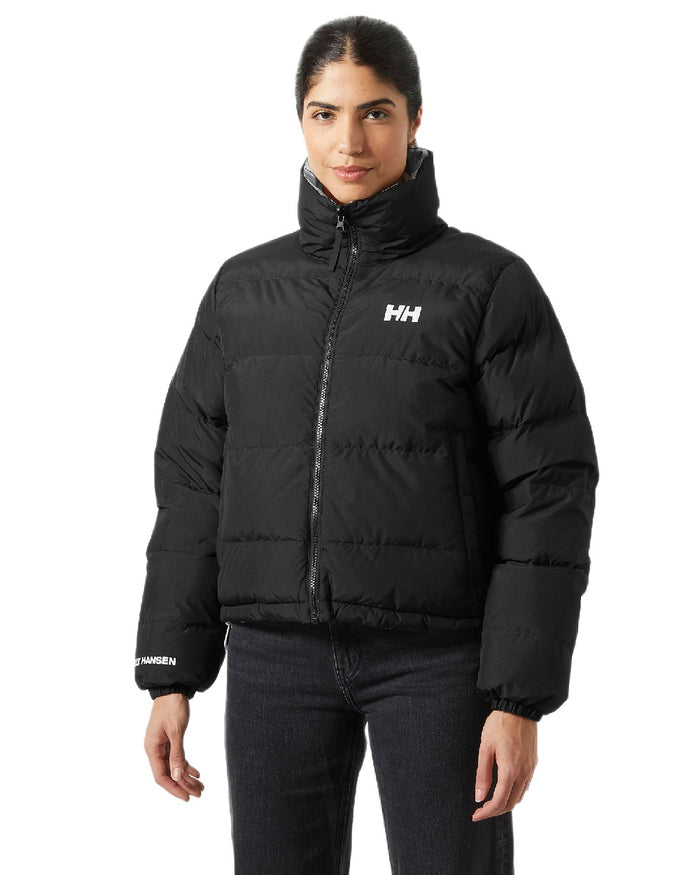 Black Coloured Helly Hansen Womens YU 23 Reversible Puffer Jacket on white background #colour_black