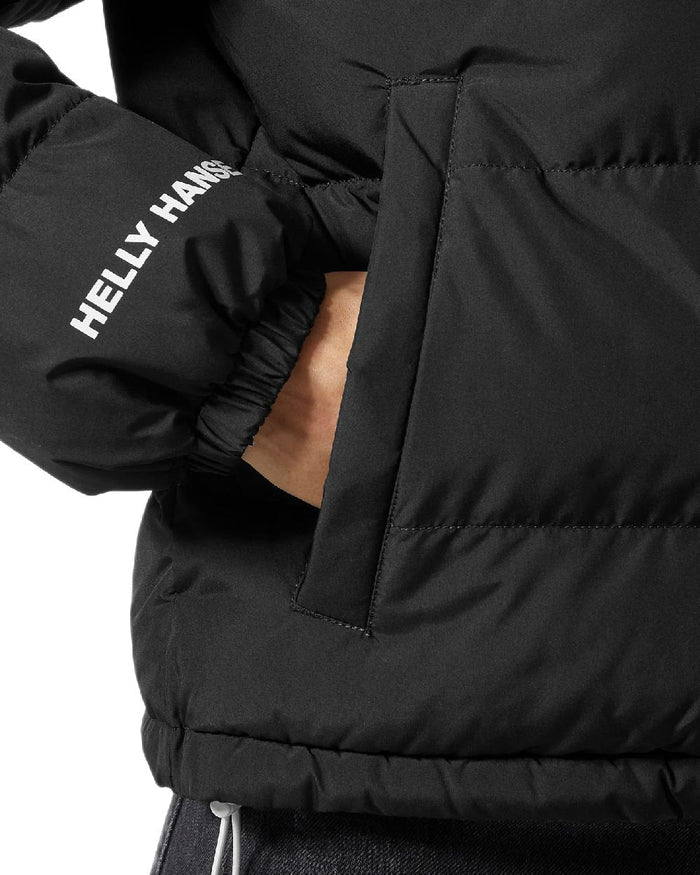 Black Coloured Helly Hansen Womens YU 23 Reversible Puffer Jacket on white background #colour_black