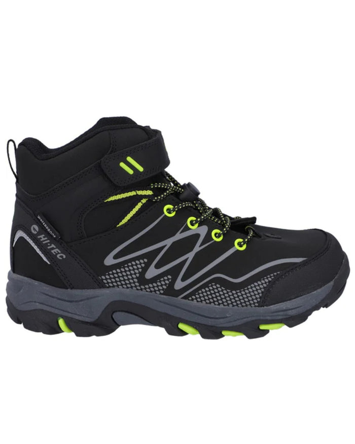 Black Lime Coloured Hi-Tec Childrens Blackout Mid Boots On A White Background #colour_black-lime