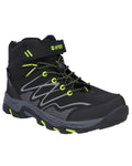 Black Lime Coloured Hi-Tec Childrens Blackout Mid Boots On A White Background #colour_black-lime