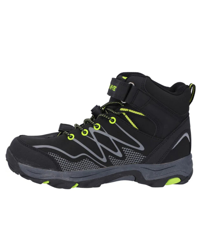Black Lime Coloured Hi-Tec Childrens Blackout Mid Boots On A White Background #colour_black-lime