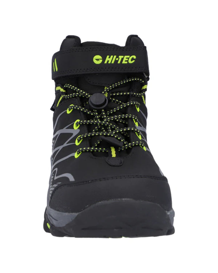 Black Lime Coloured Hi-Tec Childrens Blackout Mid Boots On A White Background #colour_black-lime