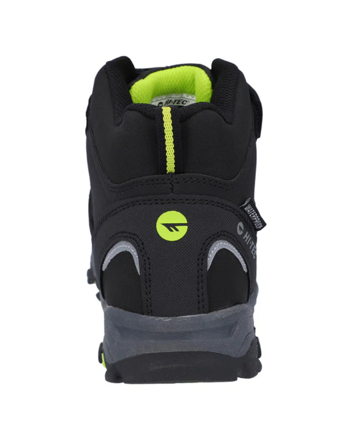 Black Lime Coloured Hi-Tec Childrens Blackout Mid Boots On A White Background #colour_black-lime