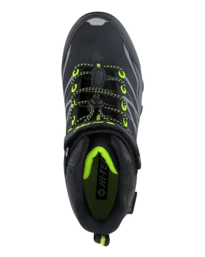 Black Lime Coloured Hi-Tec Childrens Blackout Mid Boots On A White Background #colour_black-lime
