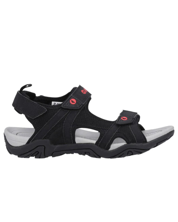 Black Grey Red Coloured Hi-Tec Crater Sandals On A White Background #colour_black-grey-red
