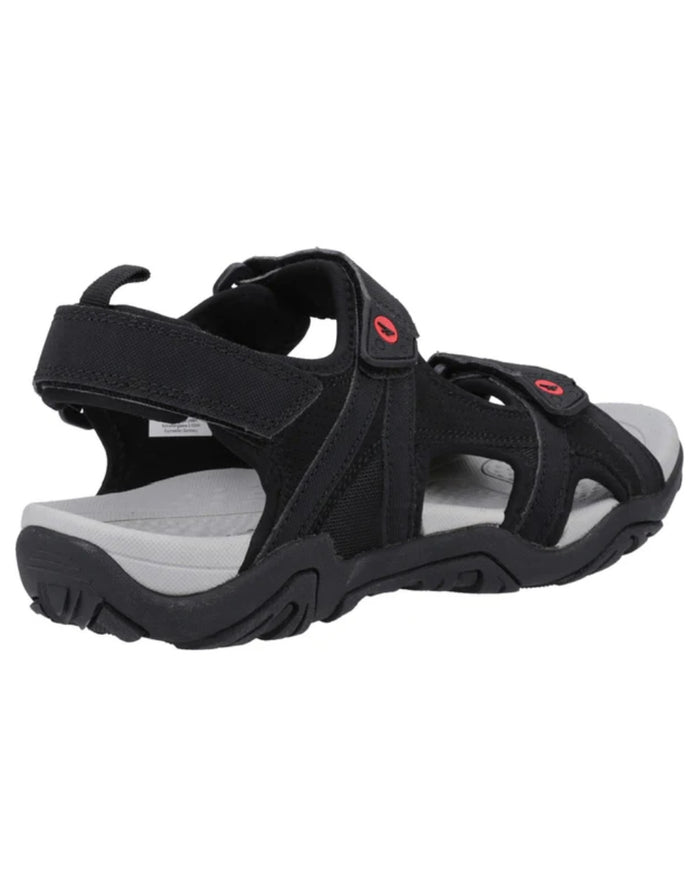 Black Grey Red Coloured Hi-Tec Crater Sandals On A White Background #colour_black-grey-red