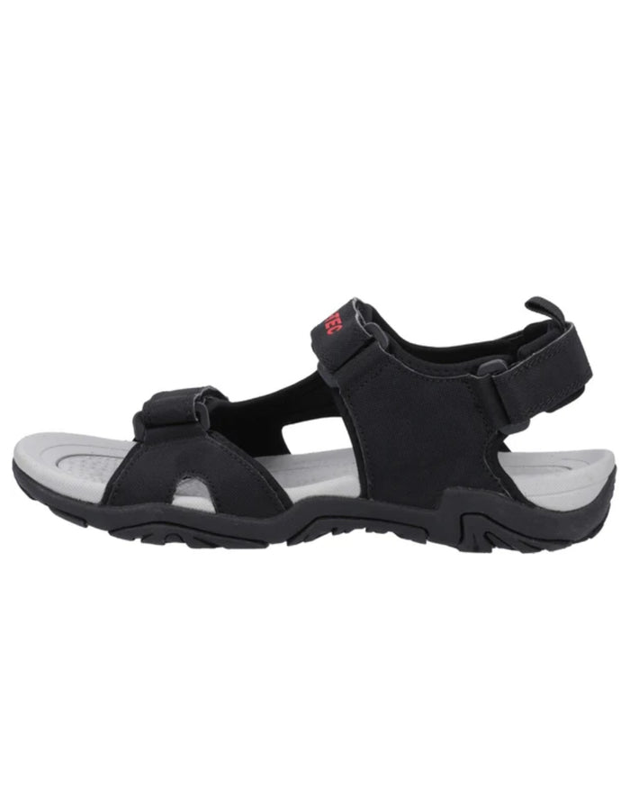 Black Grey Red Coloured Hi-Tec Crater Sandals On A White Background #colour_black-grey-red