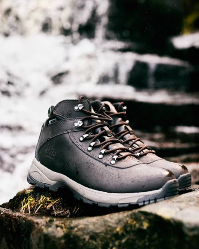 Dark Chocolate Coloured Hi-Tec Eurotrek Lite Waterproof Hiking Boots On A Waterfall Background #colour_dark-chocolate