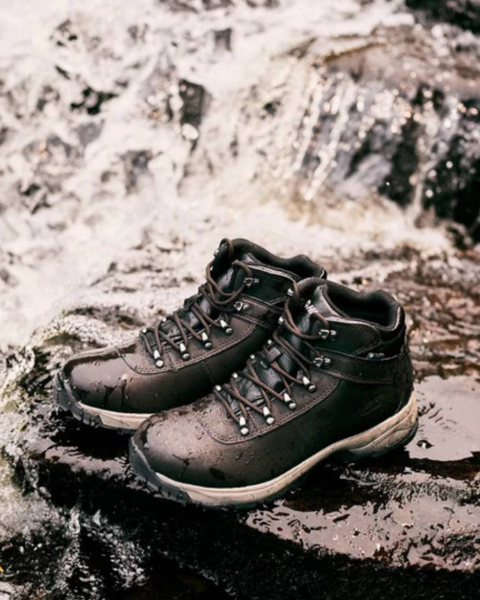 Dark Chocolate Coloured Hi-Tec Eurotrek Lite Waterproof Hiking Boots On A Waterfall Background #colour_dark-chocolate