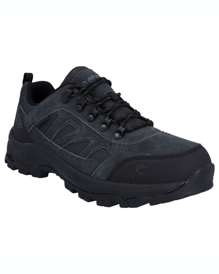 Charcoal Black coloured Hi-Tec Mens Bandera Expedition Low Hikers Shoes on white background #colour_charcoal-black