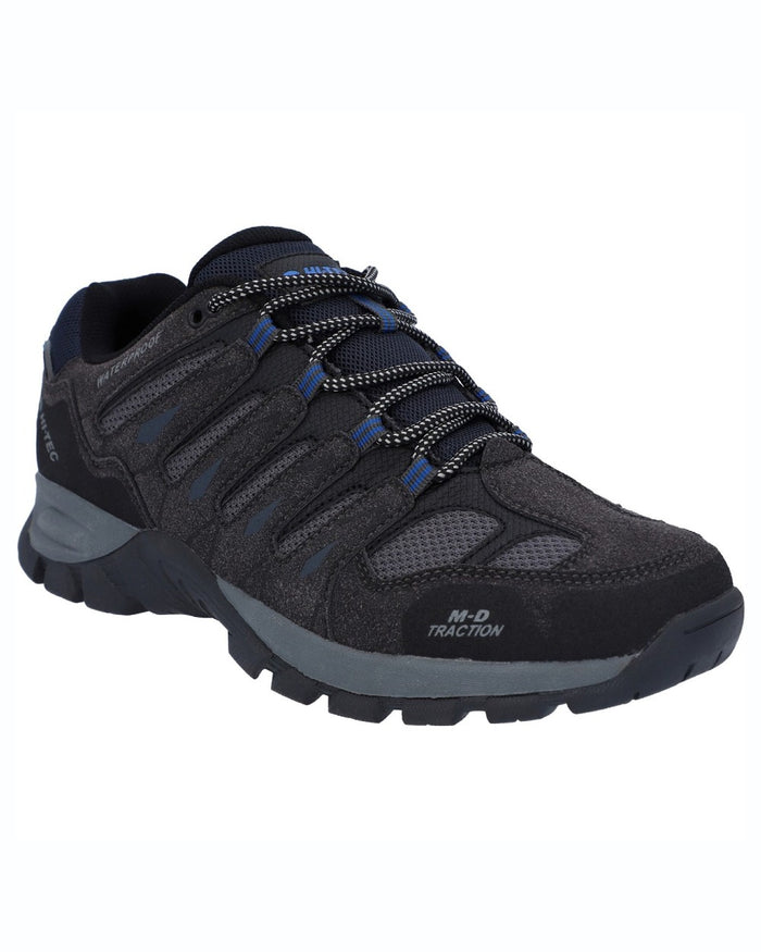 Charcoal coloured Hi-Tec Mens Corzo Low Boots on white background #colour_charcoal