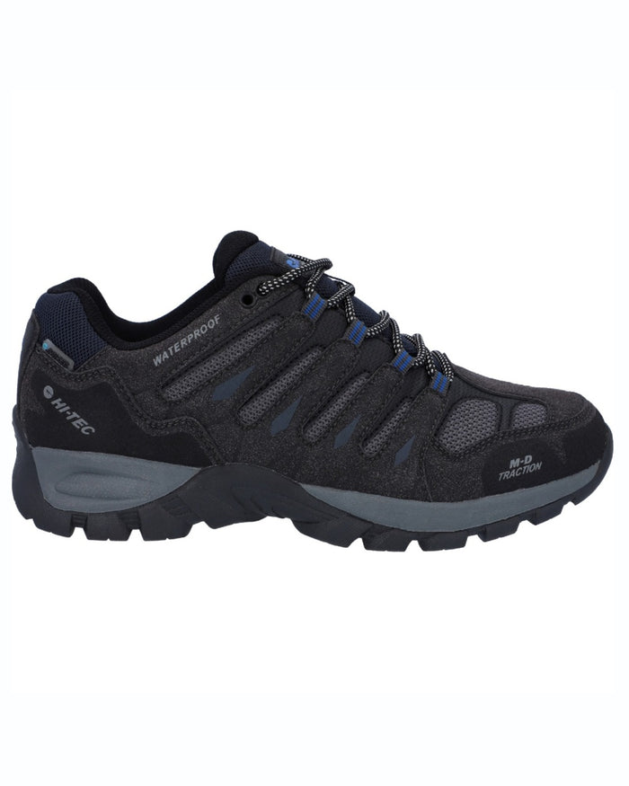 Charcoal coloured Hi-Tec Mens Corzo Low Boots on white background #colour_charcoal