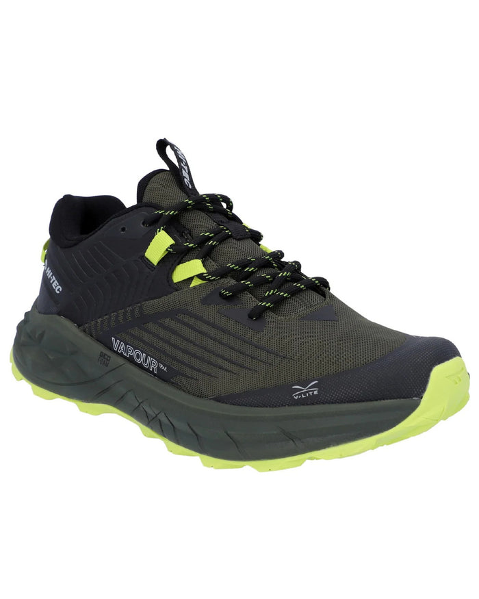 Black Olive Coloured Hi-Tec Mens Fuse Trail Low Trainers On A White Background #colour_black-olive