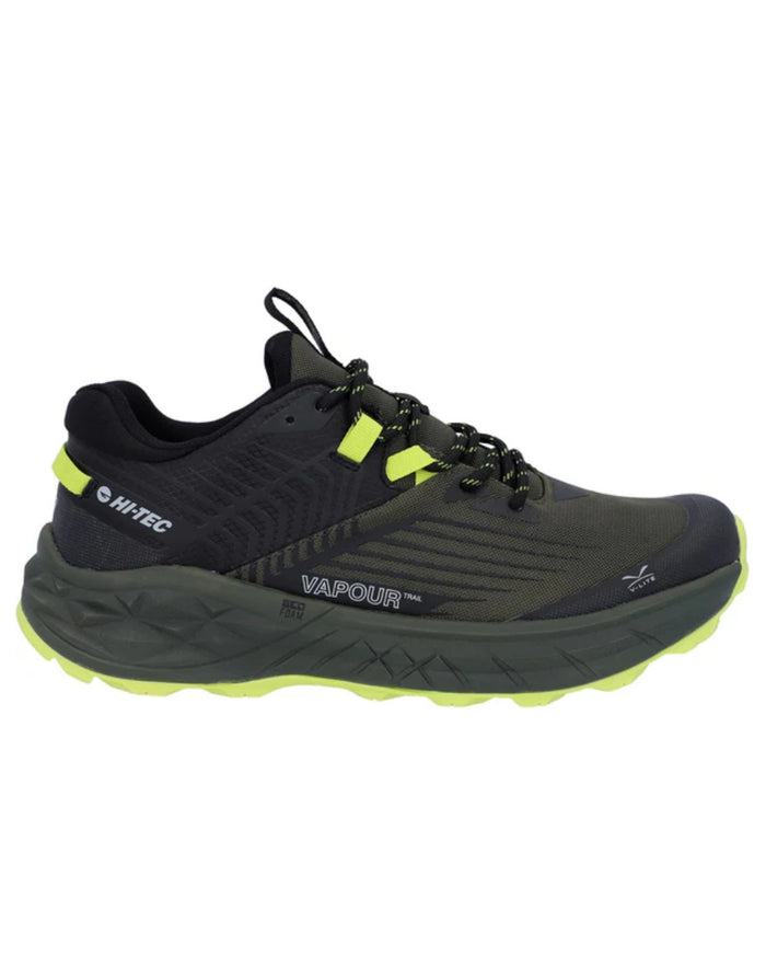 Black Olive Coloured Hi-Tec Mens Fuse Trail Low Trainers On A White Background #colour_black-olive