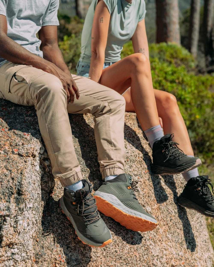 Chocolate Brown Timber Wolf coloured Hi-Tec Mens Fuse Trek Mid Hiking Boots on forest background #colour_chocolate-brown-timber-wolf