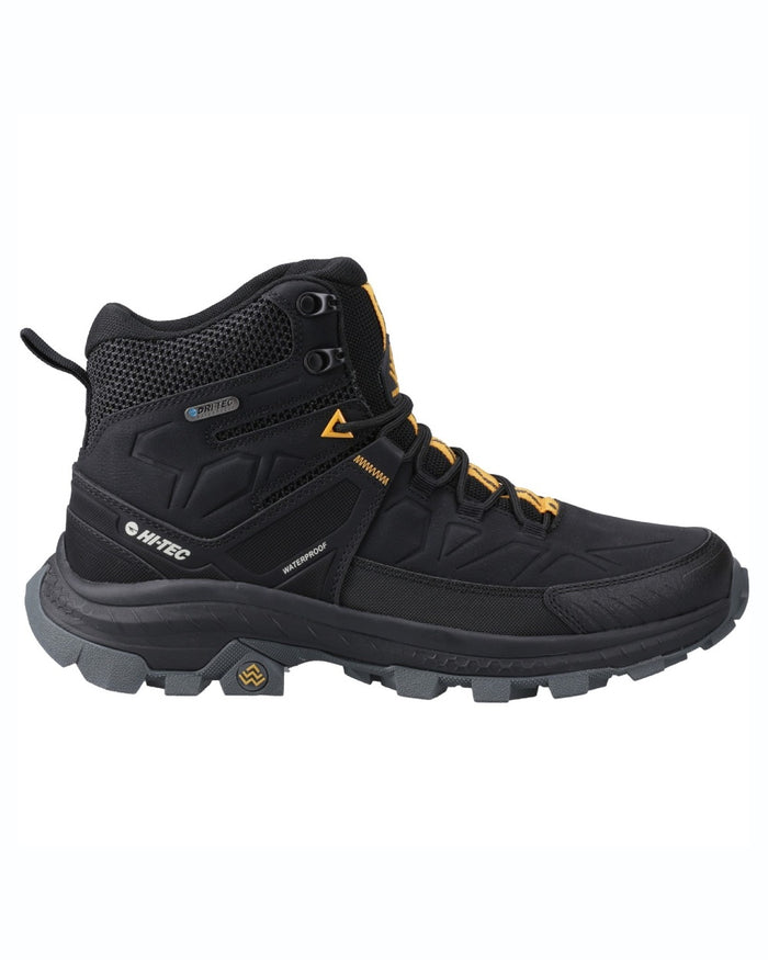 Black coloured Hi-Tec Mens Rainier Hiking Boots on white background #colour_black
