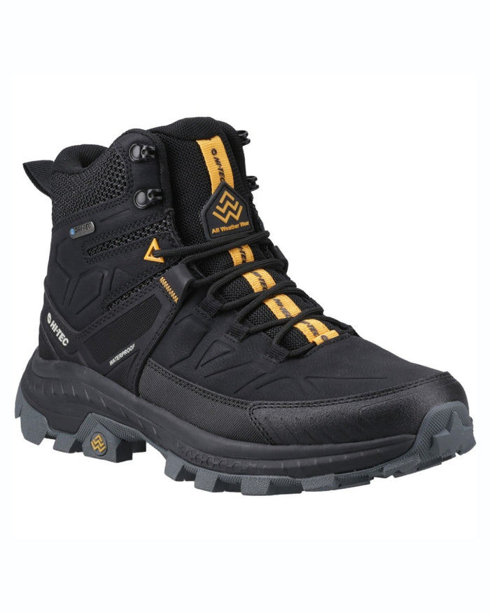 Black coloured Hi-Tec Mens Rainier Hiking Boots on white background #colour_black