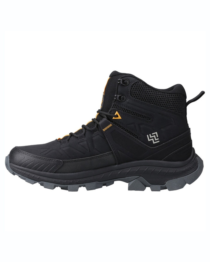 Black coloured Hi-Tec Mens Rainier Hiking Boots on white background #colour_black