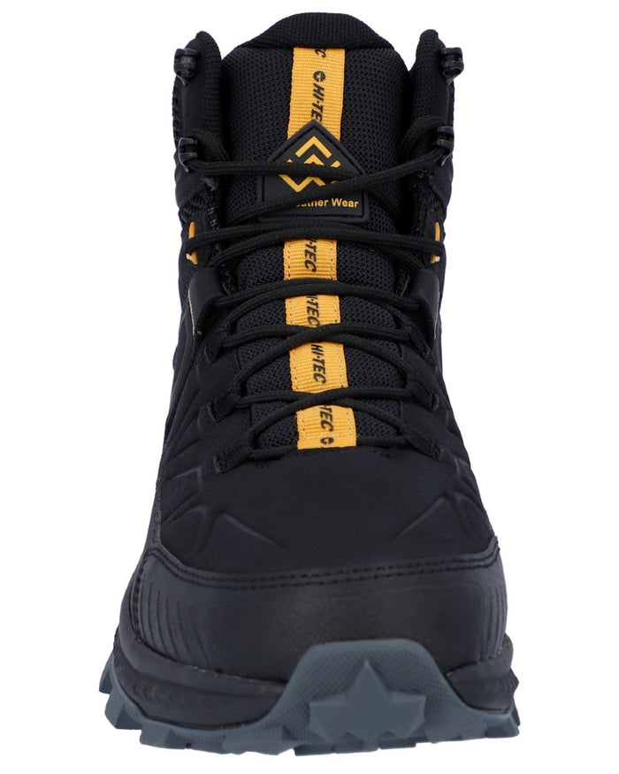 Black coloured Hi-Tec Mens Rainier Hiking Boots on white background #colour_black