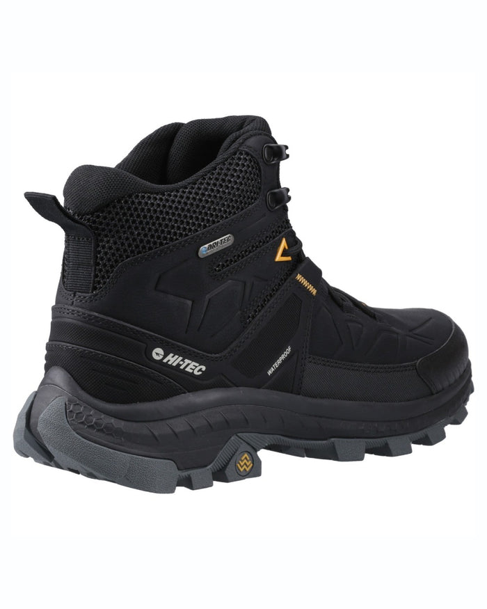 Black coloured Hi-Tec Mens Rainier Hiking Boots on white background #colour_black