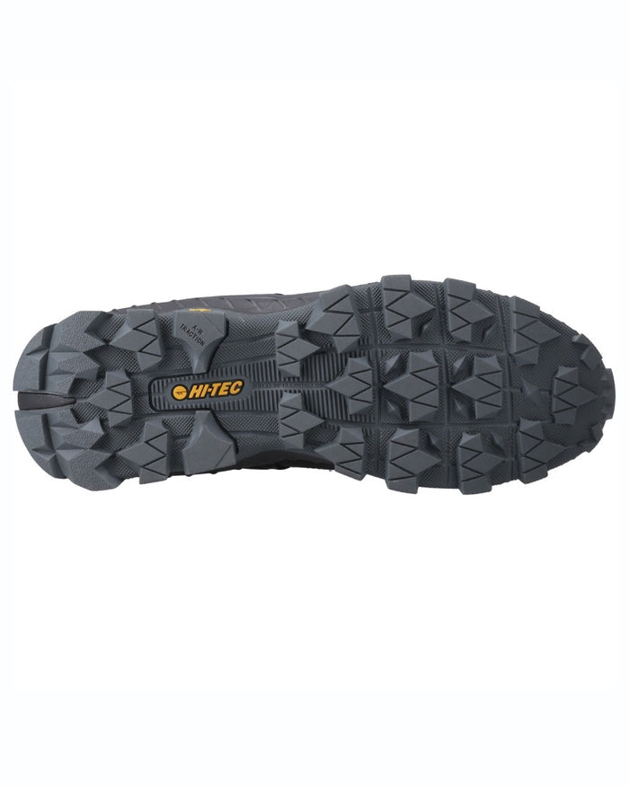 Black coloured Hi-Tec Mens Rainier Hiking Boots on white background #colour_black