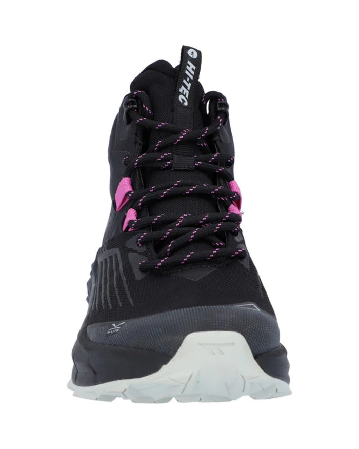 Black Coloured Hi-Tec Womens Fuse Trail Mid Waterproof Trainers On A White Background #colour_black