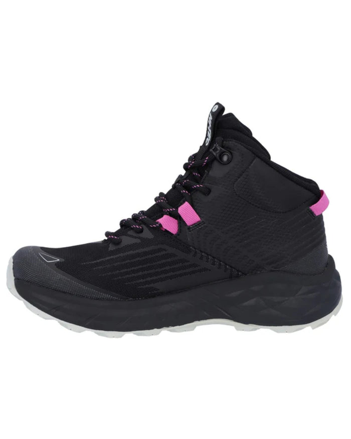 Black Coloured Hi-Tec Womens Fuse Trail Mid Waterproof Trainers On A White Background #colour_black