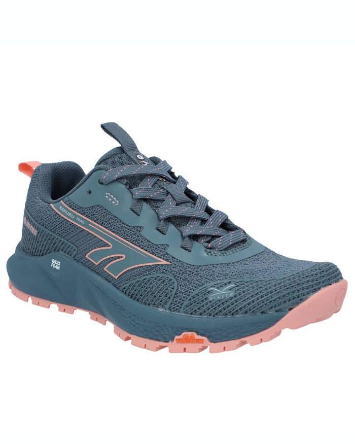 Flintstone Coral coloured Hi-Tec Womens Geo Nakuru Trainers on white background #colour_flintstone-coral