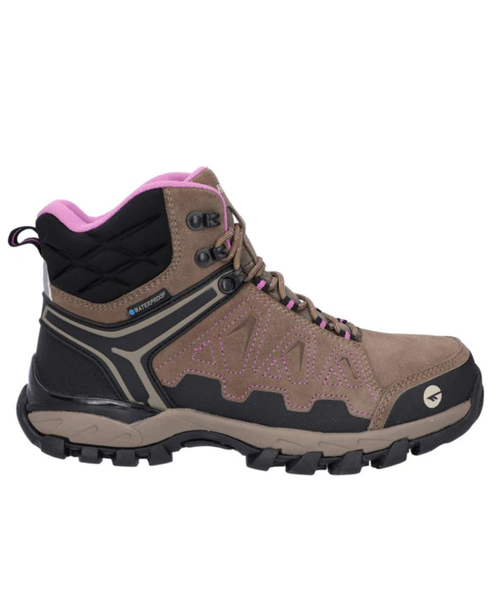Brown Coloured Hi-Tec Womens V-Lite Explorer Waterproof Hiking Boots On A White Background #colour_brown