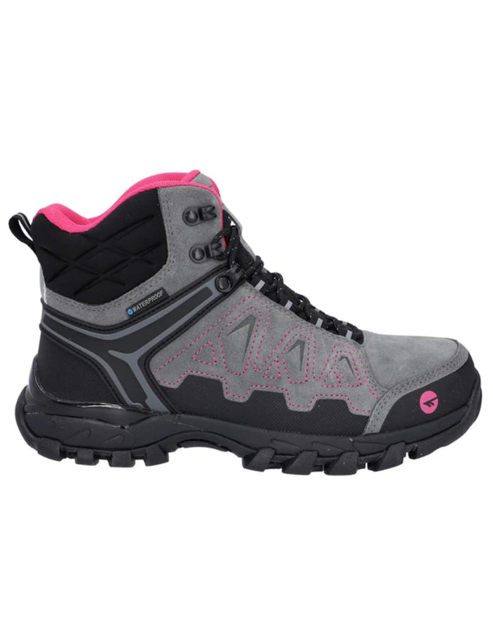 Grey Coloured Hi-Tec Womens V-Lite Explorer Waterproof Hiking Boots On A White Background #colour_grey