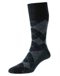 Navy Light Blue coloured HJ Hall Argyle Wool Softop Socks on white background #colour_navy-light-blue