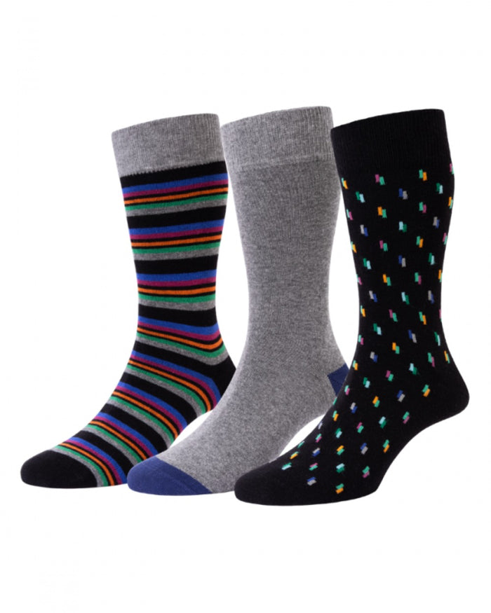 Black Grey Mix coloured HJ Hall Mens Dash & Stripe Cotton Rich Socks 3 Pair Pack on white background #colour_black-grey-mix