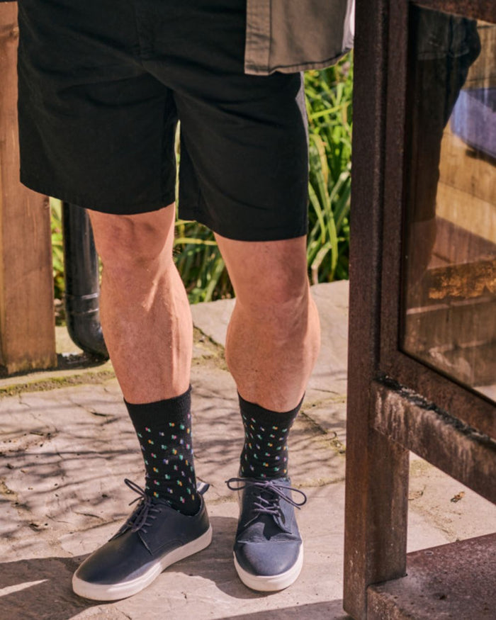 Black Grey Mix coloured HJ Hall Mens Dash & Stripe Cotton Rich Socks 3 Pair Pack on outdoor background #colour_black-grey-mix