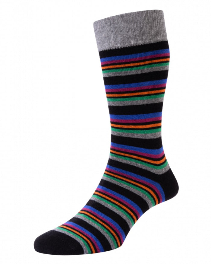 Black Grey Mix coloured HJ Hall Mens Dash & Stripe Cotton Rich Socks 3 Pair Pack on white background #colour_black-grey-mix