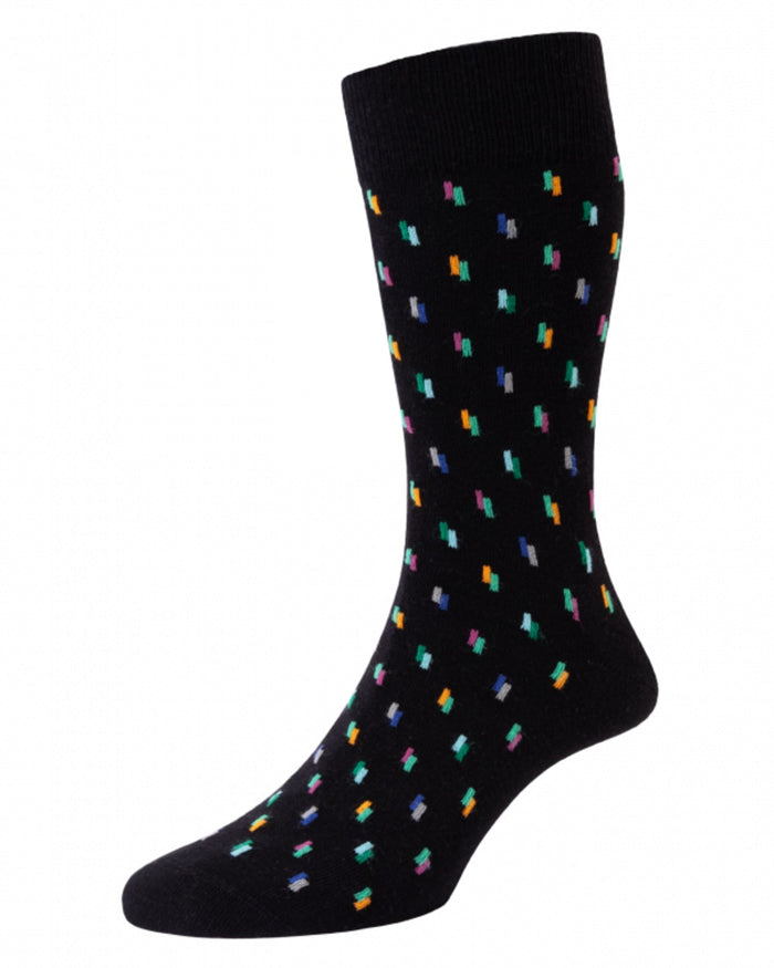 Black Grey Mix coloured HJ Hall Mens Dash & Stripe Cotton Rich Socks 3 Pair Pack on white background #colour_black-grey-mix