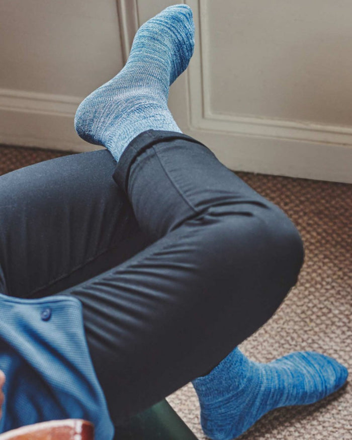 Indigo Faded Denim coloured HJ Hall Diabetic Lightweight Cotton Socks on indoor background #colour_indigo-faded-denim