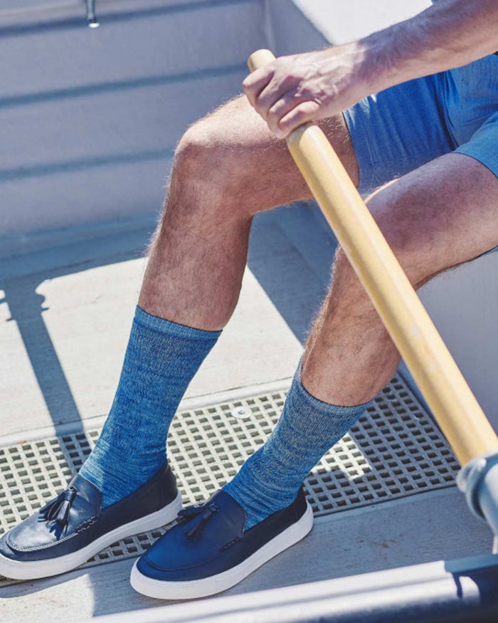 Indigo Faded Denim coloured HJ Hall Diabetic Lightweight Cotton Socks on boat background #colour_indigo-faded-denim