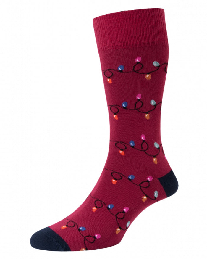 Red coloured HJ Hall Mens Christmas Lights Motif Cotton Rich Socks on white background #colour_red