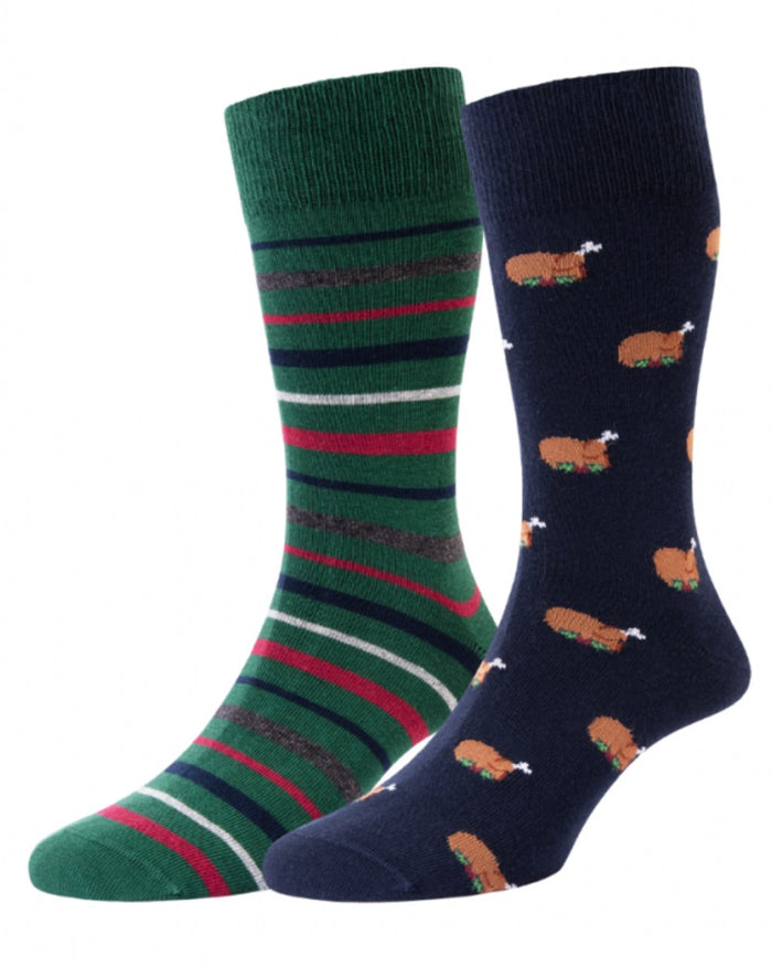 Navy Green Mix coloured HJ Hall Mens Christmas Turkey Motif Cotton Rich Socks on white background #colour_navy-green-mix