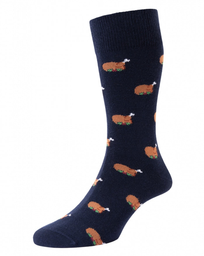 Navy Green Mix coloured HJ Hall Mens Christmas Turkey Motif Cotton Rich Socks on white background #colour_navy-green-mix