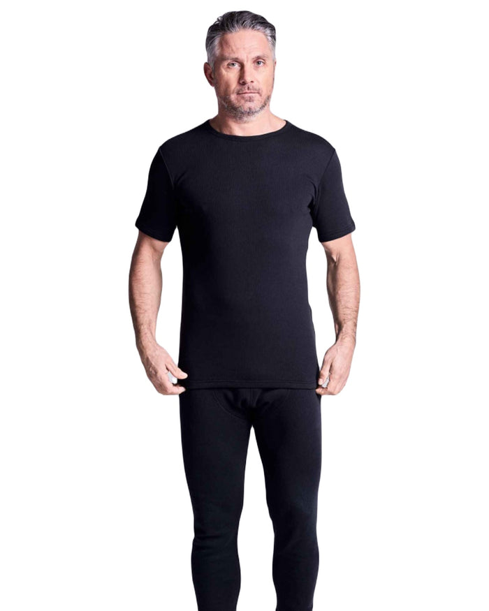 Black coloured HJ Hall Mens Cotton Rich Thermal T-shirt on white background #colour_black