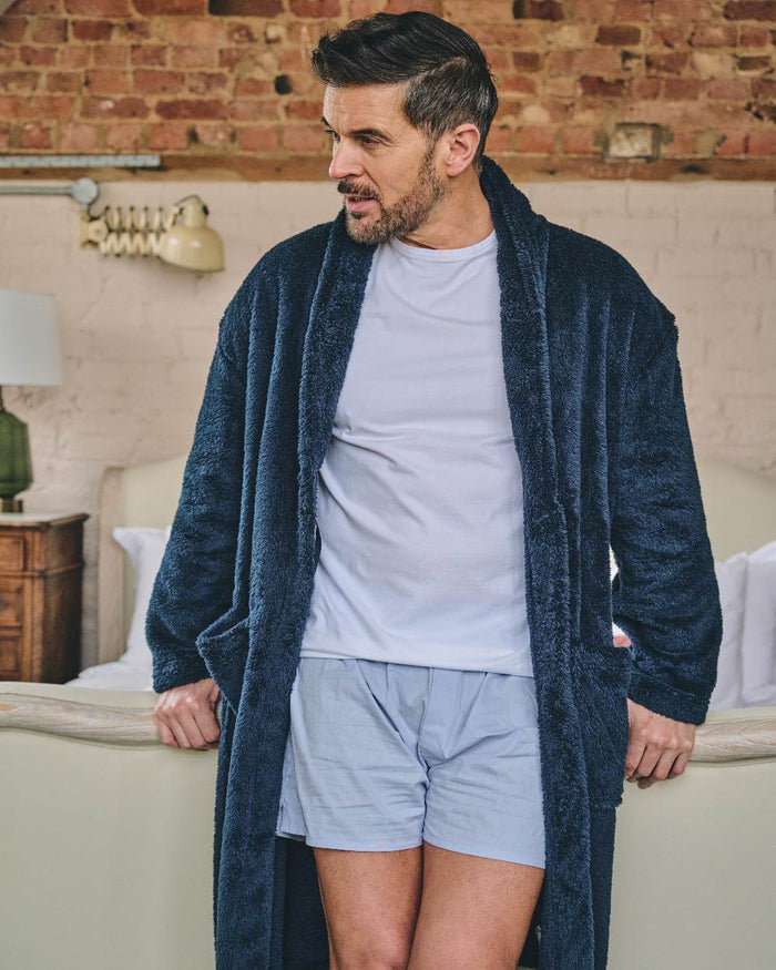 Navy Coloured HJ Hall Mens Dressing Gown on indoor background #colour_navy