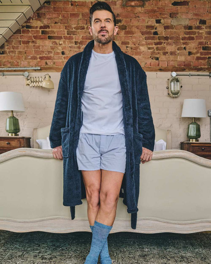 Navy Coloured HJ Hall Mens Dressing Gown on indoor background #colour_navy