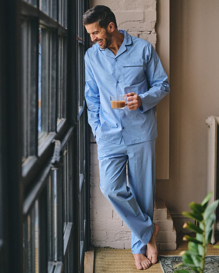 Light Blue Coloured HJ Hall Mens Pure Cotton Pyjamas on indoor background #colour_light-blue